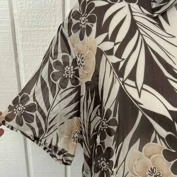 Women Vintage Top Blouse Short Sleeve Tropical Sheer Vacation Silk Brown Size 16 - Picture 2 of 7